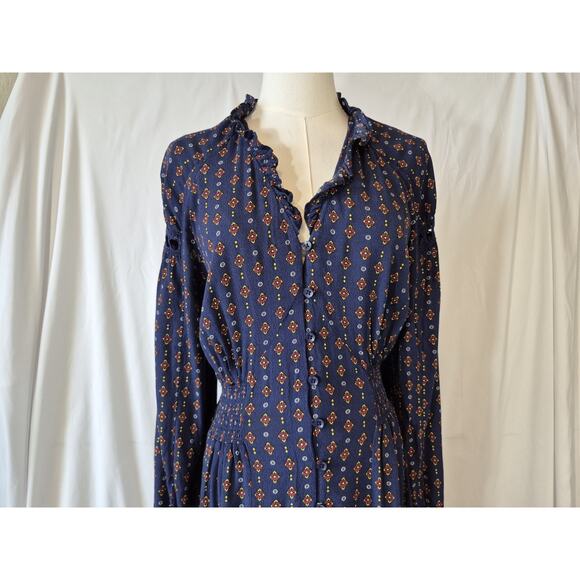Anthropologie A Loves A Women's Navy Blue Floral Smocked Midi Dress Medium - Picture 2 of 5